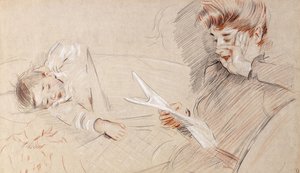 Madame Helleu Reading, Paulette-tel, aki mellette feküdt a kanapén, alkotó: Paul Cesar Helleu