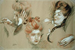 Nők tanulmánya (piros és fekete kréta fehérrel kiemelve a papíron) alkotó: Paul Cesar Helleu