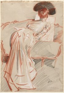 Nő, esetleg Madame Alice Hellu, aki egy rajzot néz, c. 1895. alkotó: Paul Cesar Helleu