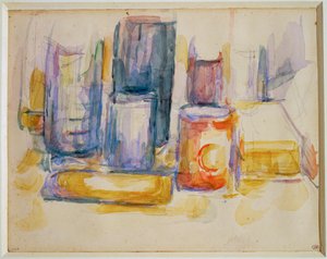 Konyhai asztal, edények és palackok (festmény) alkotó: Paul Cézanne