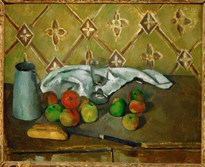 Gyümölcsök, szalvéta és tejes kancsó alkotó: Paul Cézanne