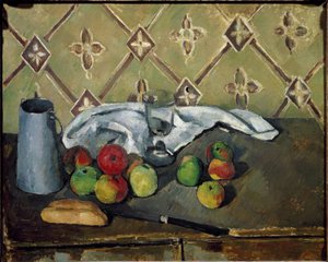 Gyümölcsök, szalvéta és tejes doboz - Olaj, vászon alkotó: Paul Cézanne