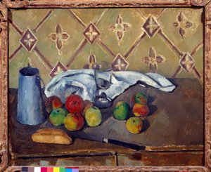 Gyümölcsök, törölköző, kenyér és tejes doboz Paul Cezanne (1839-1906) festménye 1880 V. 0,6x0,73 m Párizs, Musee de l