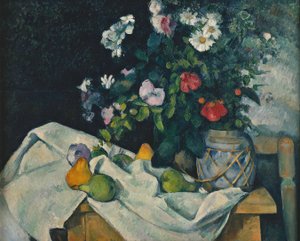 Virágok egy üveg gyömbérrel és gyümölcsökkel alkotó: Paul Cézanne