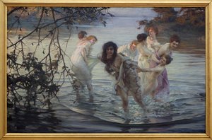 Boldog ebat. Fiatal nők szórakoznak, miközben úsznak a folyó vizében. Paul Emile Chabas (1869-1937) festménye, olaj, vászon, 1899 körül. Nantes-i Szépművészeti Múzeum.