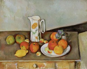 Csendélet: tejeskancsó és gyümölcsök az asztalon alkotó: Paul Cézanne