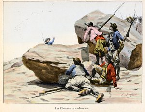 Chouannerie: Les Chouans en ambuscade, 18. század vége - Illusztráció: Emile Boutigny (1853-1929) Theodore Cahu (1854-1928) „” Hoche-Marceau-Desaix” című művében – Magángyűjtemény – Chouannerie: Illusztráció: Emile8 Bout53 -1929) a „Hoche-Marcea