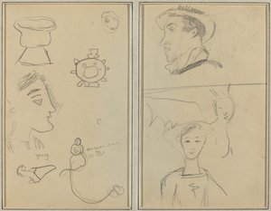 Egy karikatúra és öt forma; Egy férfi profilban, egy szárnyas lény és egy fiú [verso] alkotó: Paul Gauguin