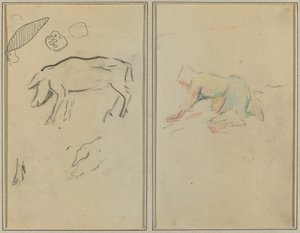 Egy malac; Breton paraszt térdelő [verso] alkotó: Paul Gauguin