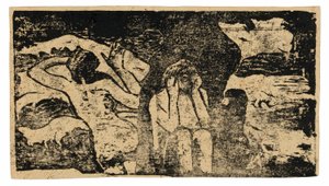 A fekete szikláknál, a késői fametszetnyomatok sorozatából alkotó: Paul Gauguin