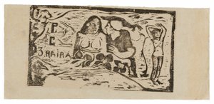 Meztelen nő mellszobra és háromnegyedes férfi alakja fehér sapkával profilban, harmadik kis figura jobb szélen, Le sourire fejdísz alkotó: Paul Gauguin