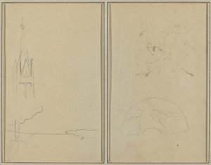 Templomtorony; Vázlat egy rajongóról [recto] alkotó: Paul Gauguin