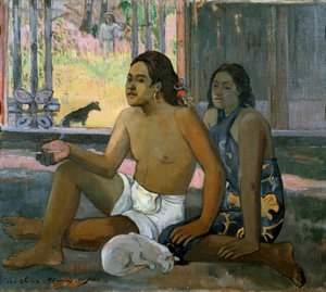Eiaha Ohipa (Ne dolgozzanak. Tahitiak egy szobában). Férfi és nő Tahitiről pózt vesznek egy házban. A lábuknál fehér macska alszik. Paul Gauguin festménye (1848-1903) alkotó: Paul Gauguin