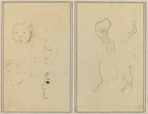 Öt tanulmány a fejekről; Egy fiú profilban, aki a kezeket és a lábakat tanulmányozza [verso] alkotó: Paul Gauguin