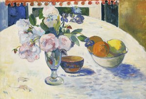 Virágok és egy tál gyümölcs az asztalon alkotó: Paul Gauguin