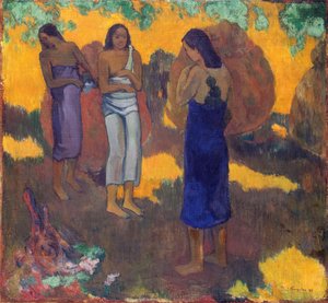 Franciául:  Három tahiti nő sárga háttér előtt. alkotó: Paul Gauguin