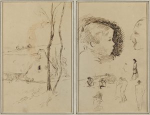 Táj kunyhóval; Fiú profilja, Férfi profilja, Két nő egy tájban és öt másik tanulmány [verso] alkotó: Paul Gauguin
