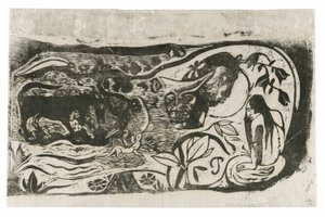 Tányér egy szarvas ördög fejével, a késői fatömbnyomatok szvitjéből alkotó: Paul Gauguin
