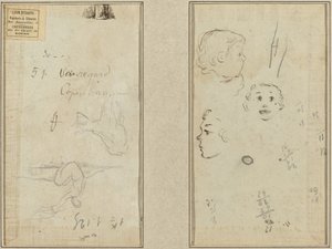 Ülő figura és tehén; Három tanulmány a gyermek fejéről alkotó: Paul Gauguin