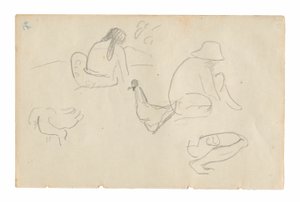 Vázlatok ülő figurákról és csirkékről (recto), akt női törzs (a Te a no areois [Az Areoi magva] című festményhez kapcsolódóan) (fordítva), a Tahiti Carnet-ból (tahiti vázlatfüzet) alkotó: Paul Gauguin