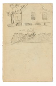 Vázlatok a tahiti rezidenciáról színes jelölésekkel és kutyákkal alkotó: Paul Gauguin