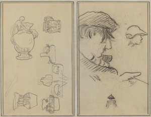 Tanulmányok kancsókról és vázákról; Egy bajuszos férfi és egy kalapos fiú [recto] alkotó: Paul Gauguin