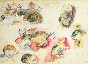 Tanulmány a macskákról és egy fejről alkotó: Paul Gauguin