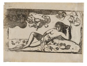 Te arii vahine-opoi (Nő mangóval-fáradtan), a késői fadarabok szvitjéből alkotó: Paul Gauguin
