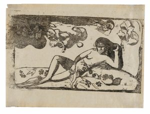 Te arii vahine-opoi (Nő mangóval-fáradtan), a késői fadarabok szvitjéből alkotó: Paul Gauguin