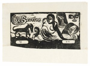 Három ember, egy maszk, egy róka és egy madár, a Le sourire fejdísz alkotó: Paul Gauguin