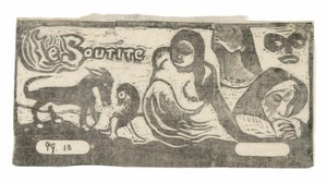 Három ember, egy maszk, egy róka és egy madár, a Le sourire fejdísz alkotó: Paul Gauguin