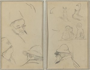 Három tanulmány a férfifejekről, egy szemüveggel; Kutyák, gyerekek és két szakállas férfi a profilban [verso] alkotó: Paul Gauguin