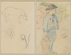 Három tanulmány egy sertésről; Breton fiú kancsóval sétál [recto] alkotó: Paul Gauguin