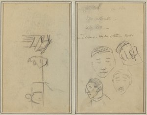 Két figura és egy pad; Három tanulmány a férfifejekről és az egyik kézről [recto] alkotó: Paul Gauguin