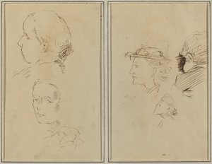 Két fejtanulmány és egy görnyedt meztelen nő; Két női fej és egy gyerekfej [recto] alkotó: Paul Gauguin