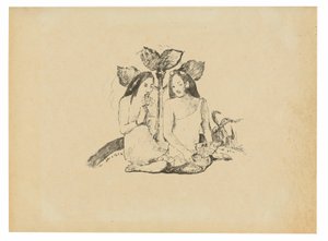 Két maori nő guggolva le alkotó: Paul Gauguin