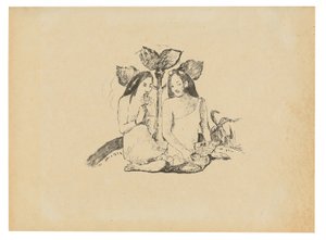 Két maori nő guggolva le alkotó: Paul Gauguin