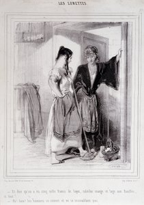 2 szegény nő beszélget a lépcsőn a férfiakról, „Les Lorettes”, Gavarni, c. 1840. alkotó: Paul Gavarni