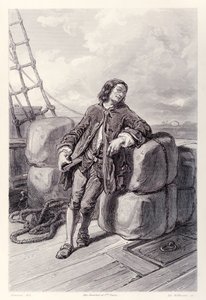 Lemuel Gulliver kapitány a tengeren a kereskedelmi hajóján, a Gullivers Travels francia kiadásából, Jonathan Swifttől alkotó: Paul Gavarni