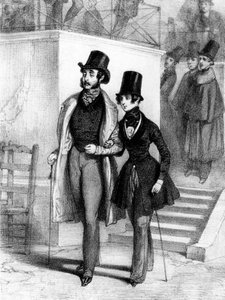 George Sand (r) diáknak öltözött, és kedvese Jules Sandeau Párizsban, kb. 1831, Gavarni Pál (1804-1866) metszete