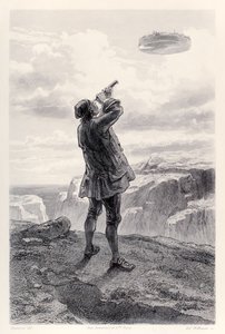 Gulliver először látja a repülő Laputa szigetet, és távcsövén keresztül vizsgálja meg, Jonathan Swift Gullivers Travels francia kiadásából.