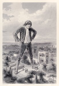 A liliputi hadsereg Gulliver lábai között vonul, a Gullivers Travels francia kiadásából, Jonathan Swifttől alkotó: Paul Gavarni