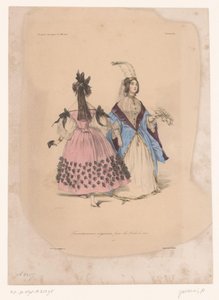 Két nő bálruhában Transvestissemens originaux pour les Bals de 1834 (cím a tárgyon) Ötletes ruházat (sorozat címe) Fantáziák (sorozat címe a tárgyon) alkotó: Paul Gavarni