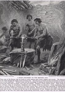 Egy forgalmas öntöde a bronzkorban, illusztráció a "The Story of the British People"-ből, 1950 körül
