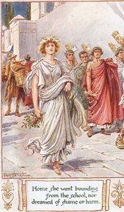 Hazaindult, az iskolából kiugrott, és nem álmodott szégyenről vagy bajról, illusztráció Thomas Babington Macaulay "The Lays of Ancient Rome" című művéből. alkotó: Paul Hardy