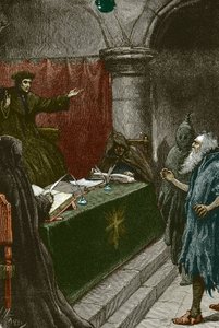 Inkvizíció és a spanyolországi zsidók kiűzése: spanyol zsidó a nagyinkvizítor előtt 1492 körül, az Alhambra-rendelet kiadásakor - Hardy Pál illusztrációja 1891 spanyol zsidó a nagyinkvizítor előtt