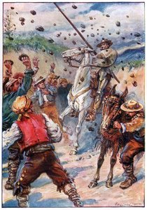 Kőzáporral dobálták meg Don Quijotét, a G. Bell & Sons, Ltd. által kiadott „Don Quijote kalandjai” című illusztrációja. alkotó: Paul Hardy