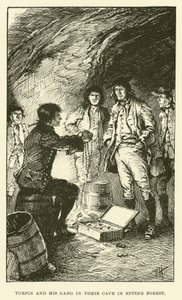 Turpin és bandája az Epping-erdői barlangjukban (metszet) alkotó: Paul Hardy