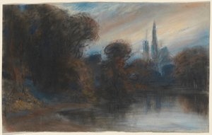 Apátság egy erdős tó partján alkonyatkor alkotó: Paul Huet