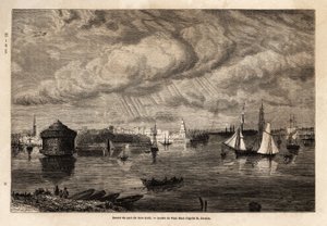 New York kikötőjének bejárata, Paul Huet (1803-1869) rajza az 1854-1855-ös észak-amerikai utazások illusztrálására, L. Deville. Metszet „” Le tour du monde”” 1861. Selva gyűjteményében. alkotó: Paul Huet